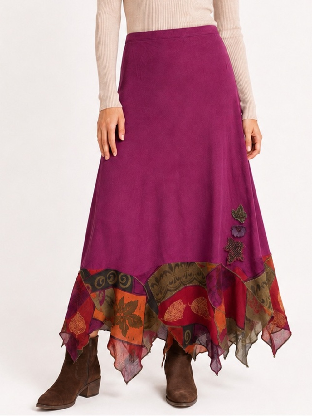 Vintage Nancy Bolen City Girl Silk Handkerchief Maxi Skirt Magenta Appliqué Sz 8